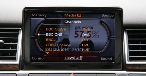In-car entertainment system display of Audi A8 showing radio channels