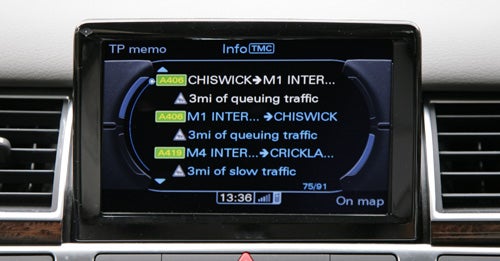 Audi A8 navigation system displaying traffic information.
