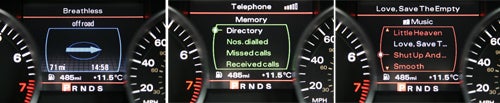 Audi A8 dashboard showing offroad mode, phone directory, and music track.