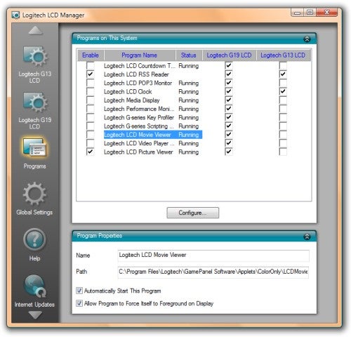 Logitech G19 keyboard software interface on a computer screen.