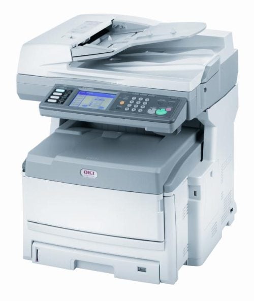 OKI MC860dn multifunction printer on white background.