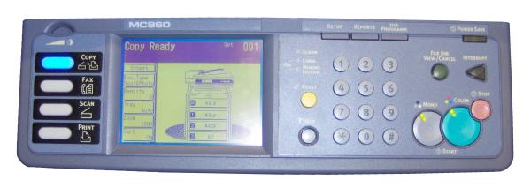 OKI MC860dn MFP control panel with LCD screen displaying menu.