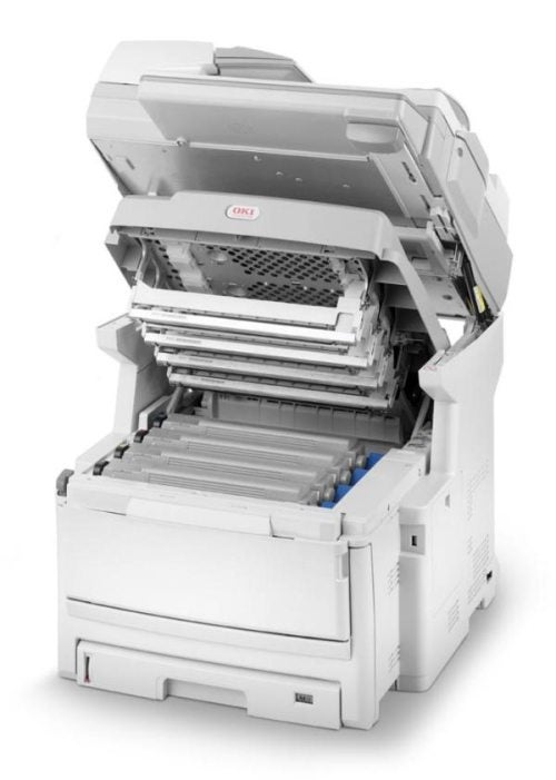 OKI MC860dn multifunction printer with open panels.
