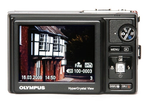 Olympus mju 9000 camera with display screen showing an image.