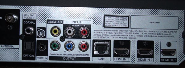 Close-up of LG HB354BS Blu-ray system's rear connectivity panel.