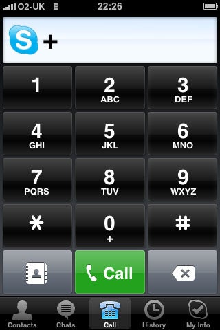 Skype interface on iPhone with dial pad and call button.