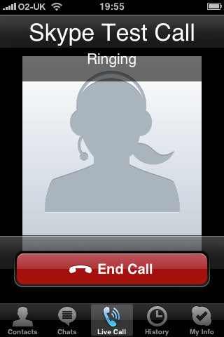Skype test call screen with ringing notification on iPhone.
