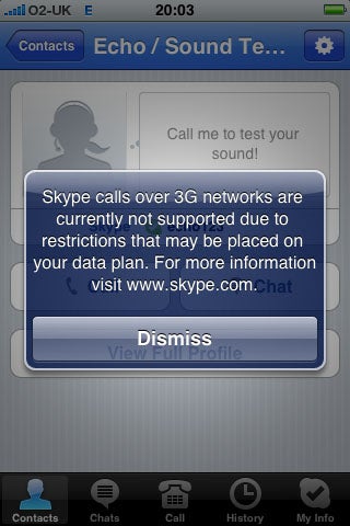 Screenshot of Skype error message on an iPhone display.