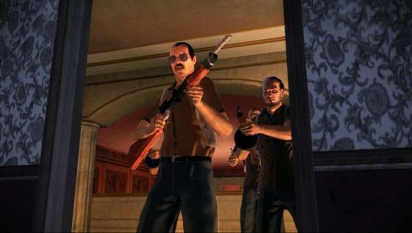 Screenshot from The Godfather II video game showing two characters armed.