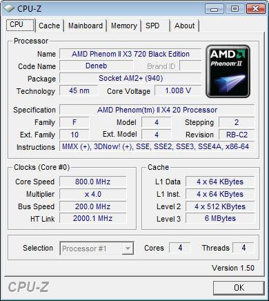 Screenshot of CPU-Z utility showing AMD Phenom II processor details.