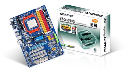 Gigabyte GA-M720-US3 motherboard with packaging.