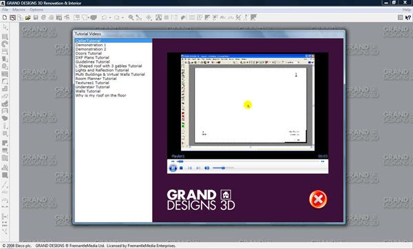 Screenshot of Grand Designs 3D software with tutorial videos.