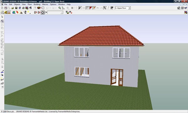 Screenshot of Grand Designs 3D Renovation & Interior software with house model.