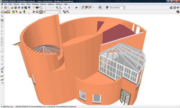 Screenshot of Grand Designs 3D software showing a house model.
