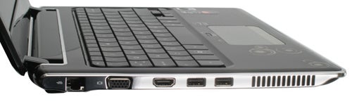 Angle view of HP Pavilion dv2-1030ea notebook showing ports.