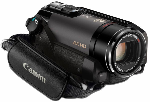 Canon Legria HF20 camcorder with hand strap.