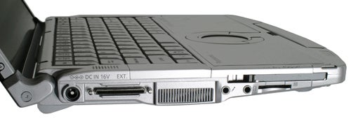Side view of Panasonic ToughBook CF-F8 laptop with ports visible.