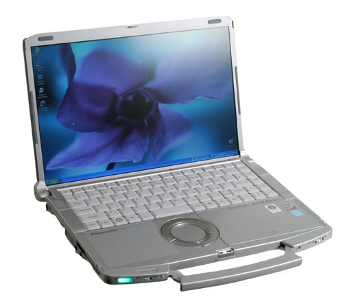 Panasonic ToughBook Executive CF-F8 laptop open on desk.