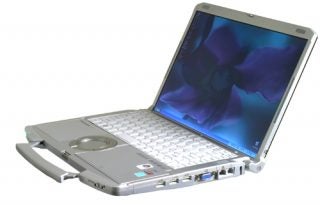 Panasonic ToughBook CF-F8 laptop open and turned on.