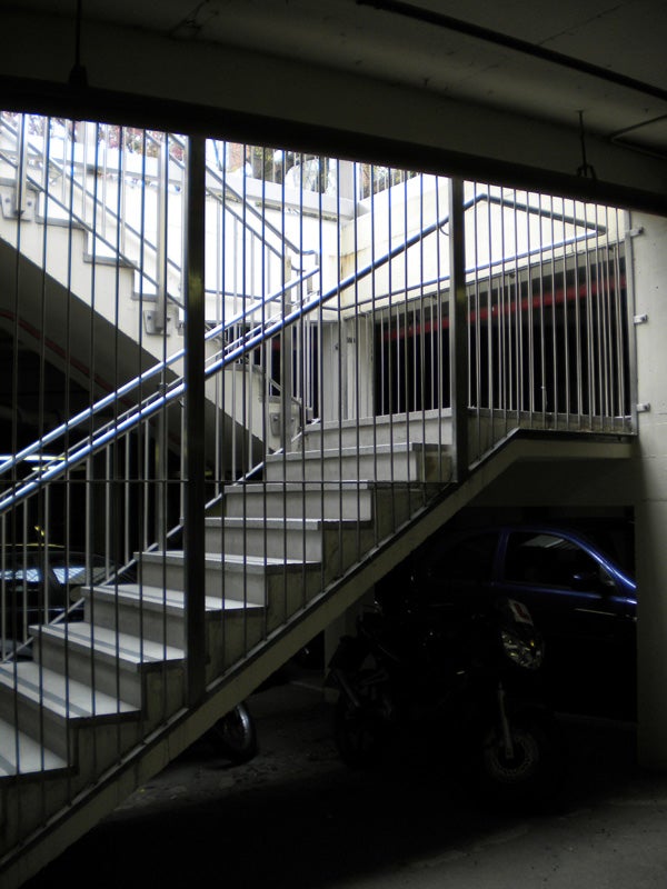 Photo of a parking garage stairwell taken with Nikon CoolPix S225.