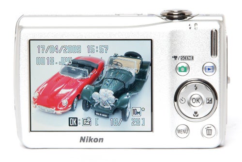 Nikon CoolPix S225 camera displaying a photo of toy cars.