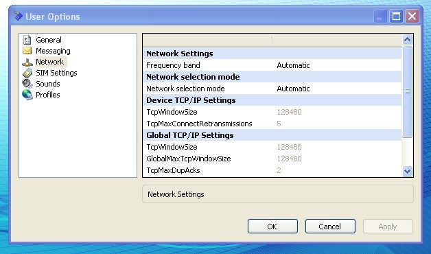 Software interface for Sierra Wireless Compass 885 modem settings