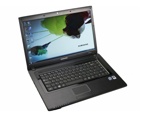 Samsung R522 notebook with open lid and screen on.