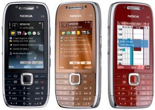 Nokia E75 phones in black, red, and copper colors.