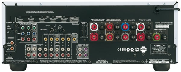Rear panel of Onkyo TX-SR607 AV Receiver with multiple inputs and outputs.