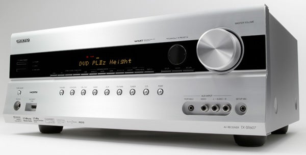 Onkyo TX-SR607 AV Receiver in silver displayed at an angle