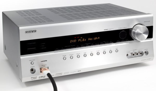 Onkyo TX-SR607 AV Receiver with HDMI cable connected.
