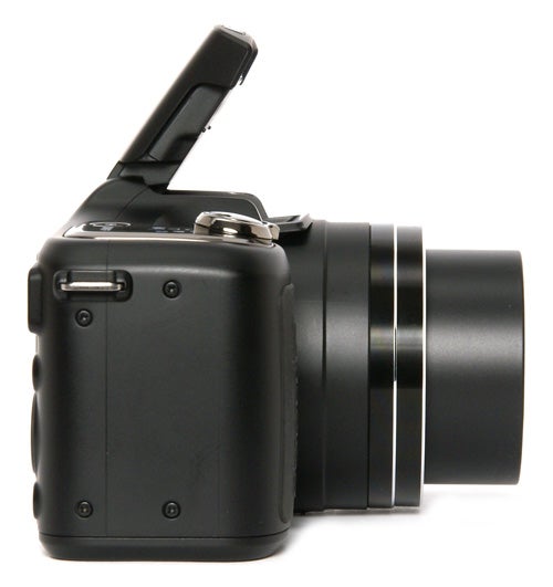 Nikon Coolpix L100 camera with flash up.