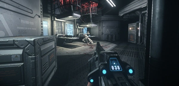 First-person view inside a spaceship from the game Chronicles of Riddick.