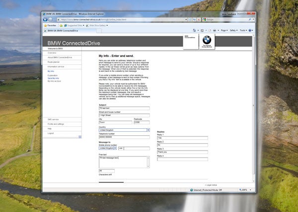 Screenshot of BMW ConnectedDrive interface on a computer screen.
