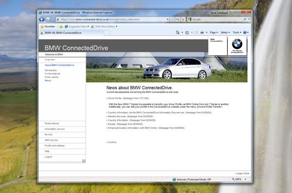 BMW ConnectedDrive web page displayed on a computer screen.