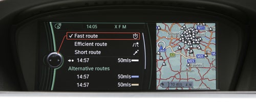 BMW 330d M Sport ConnectedDrive screen showing GPS navigation options.