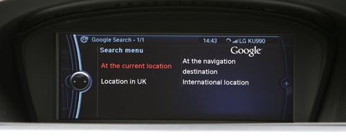 BMW 330d M Sport ConnectedDrive screen showing navigation map.BMW 330d M Sport ConnectedDrive infotainment screen displaying Google Search.