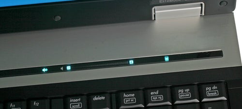 Close-up of HP Elitebook 8730w keyboard and status lights.