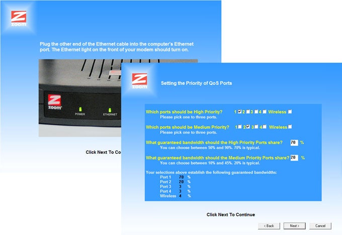 Zoom ADSL X6 modem router and QoS settings interface.