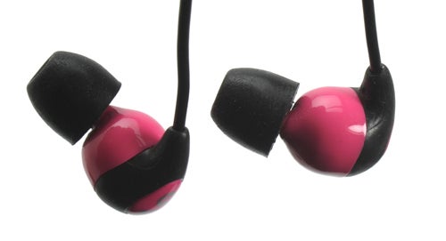 Shure SE115 earphones in pink with black foam tips.