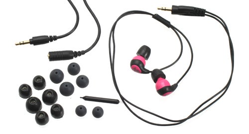 Shure SE115 earphones with assorted ear tips and accessories.
