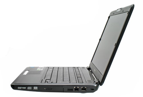 Toshiba Satellite U400-189 laptop with open lid, side view.