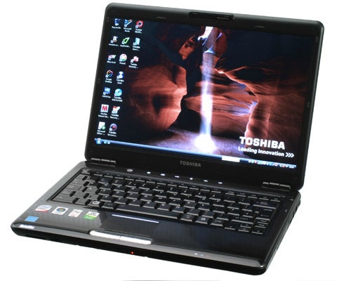 Toshiba Satellite U400-189 notebook with open lid and screen on.