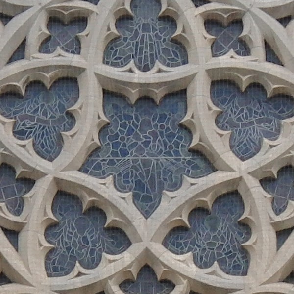 Close-up of intricate stone tracery on a building facade.