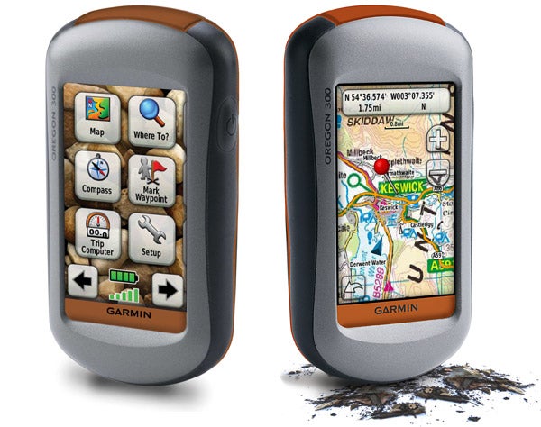 Garmin Oregon 300 GPS with map and menu screens displayed.