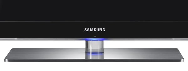 Close-up of Samsung Series 8 LCD TV stand and logo.
