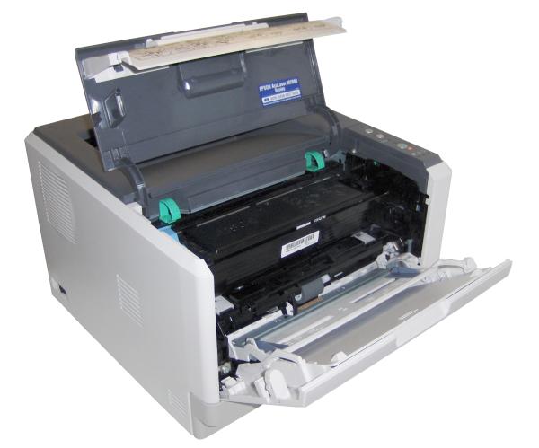 Epson AcuLaser M2000DN printer with open front tray.