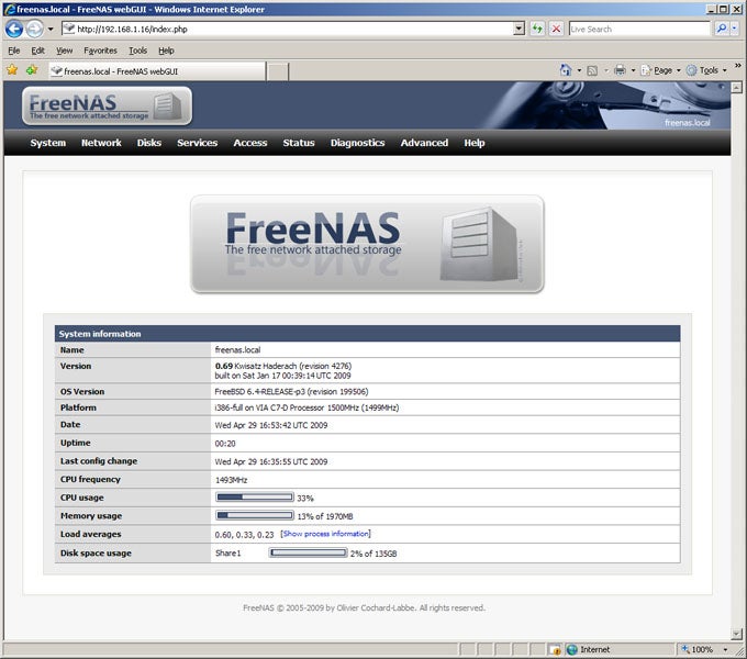 Screenshot of FreeNAS web interface showcasing system information.