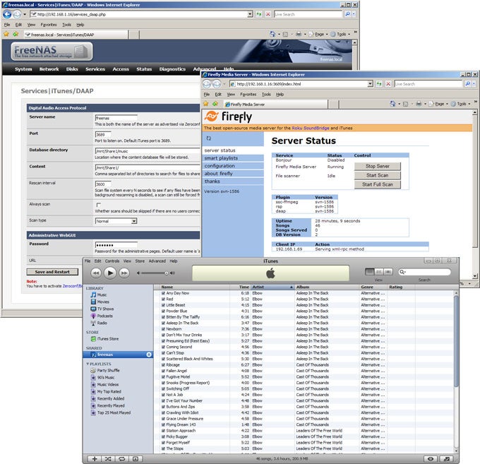 Screenshot of VIA ARTiGO A2000 server interface with FreeNAS and Firefly settings.
