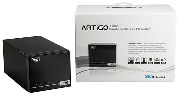 VIA ARTiGO A2000 Storage Server and its packaging box.